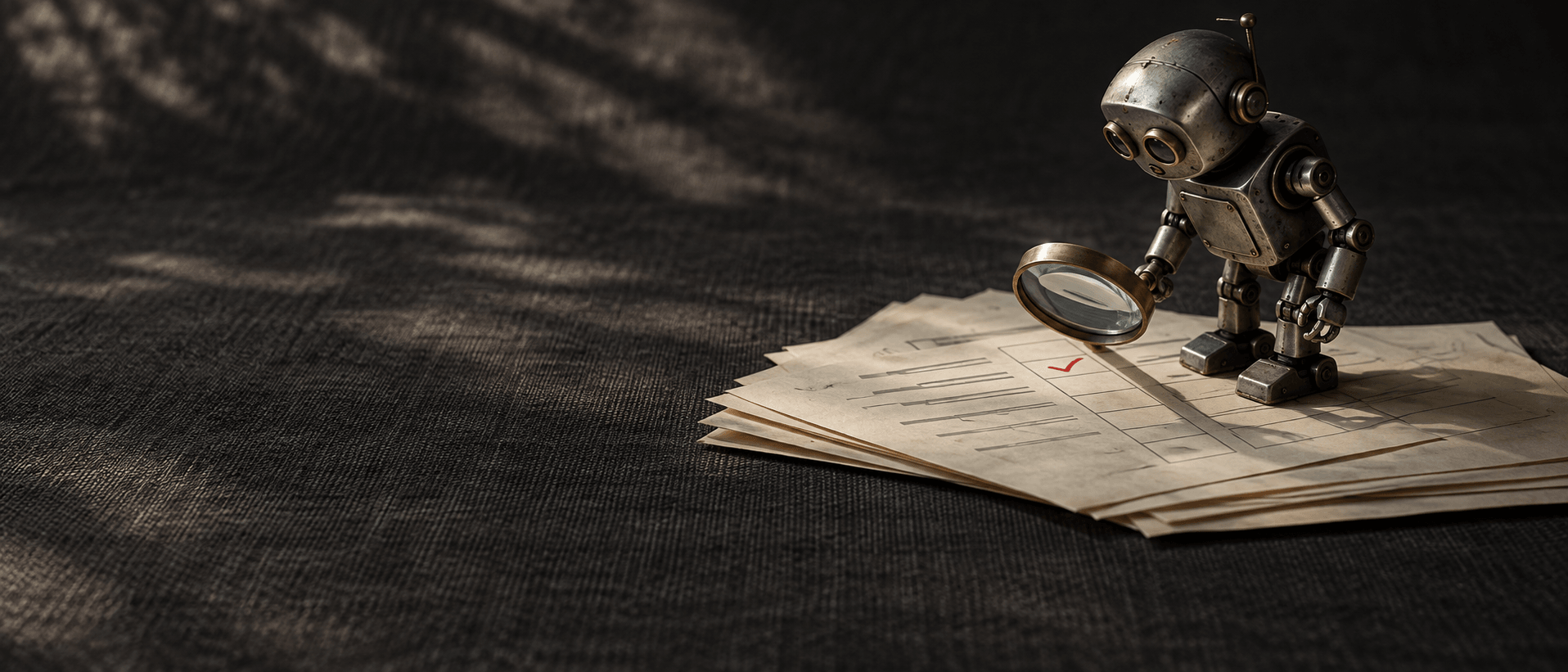 A small robot checking a stack of documents with a magnifying glass