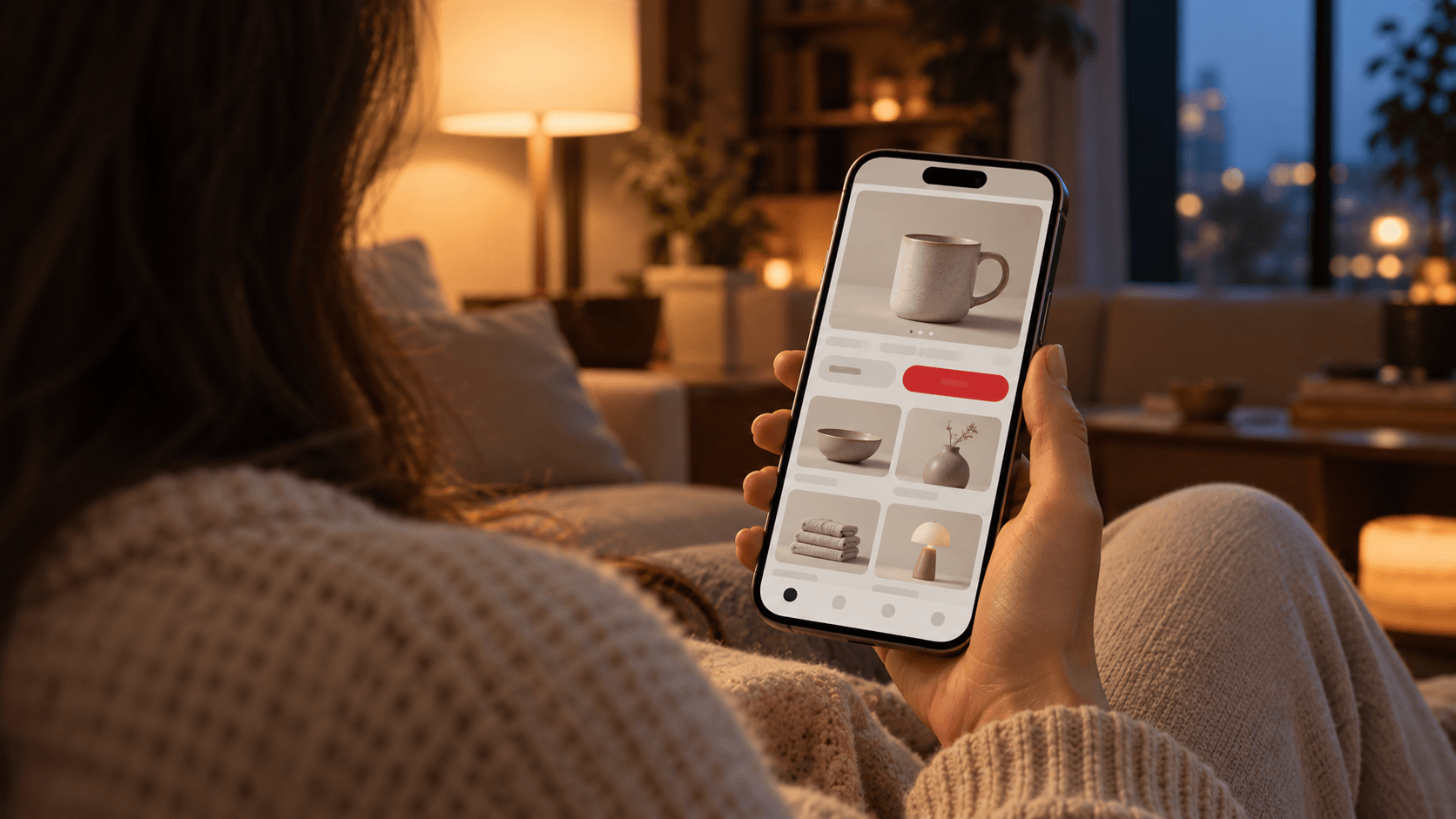 A person at home in the evening choosing a product in a shop's app