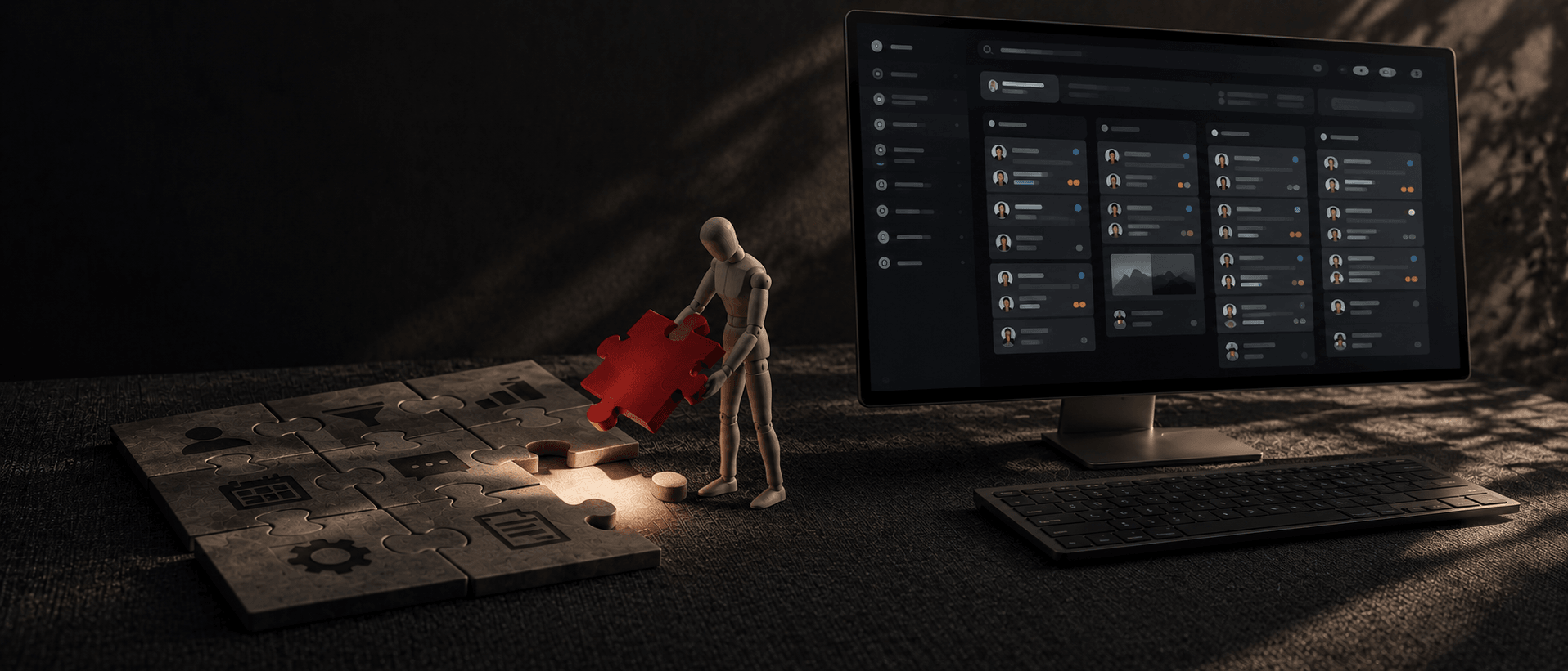A figurine holding the missing piece of a CRM puzzle, next to a monitor with a ready-made system