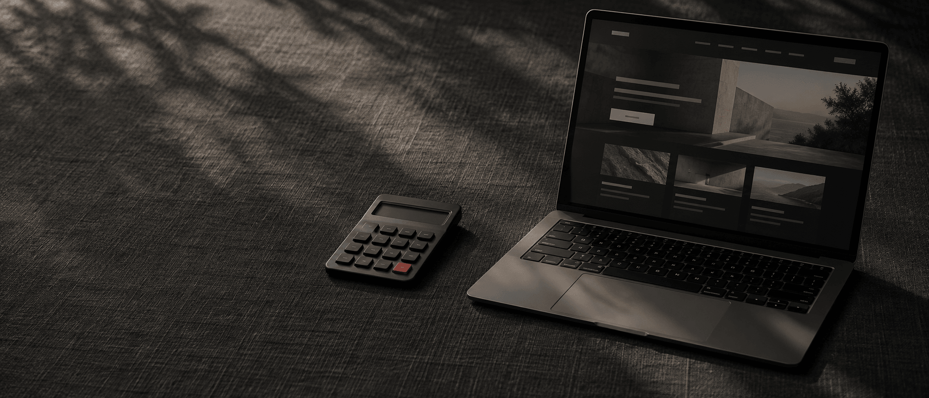 A laptop with a website open and a calculator beside it
