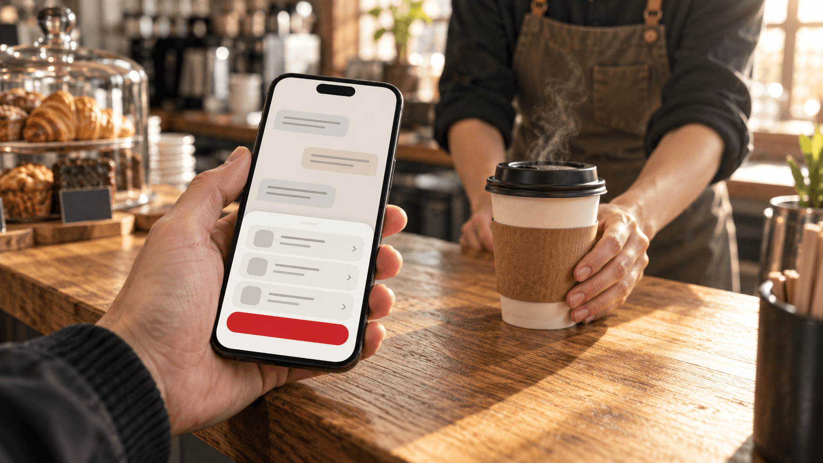 A customer placing an order in a mini app over a bot chat while the barista serves the coffee